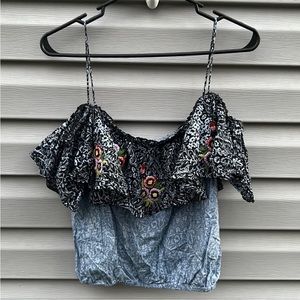 Piper by Townsen | Boho Ruffle Embroidered Flower Off the Shoulder Tank